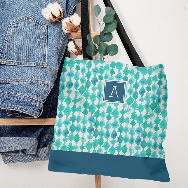 Abstract Blue and Aqua Watercolor Monogram Tote Bag (Creator Uploaded)
