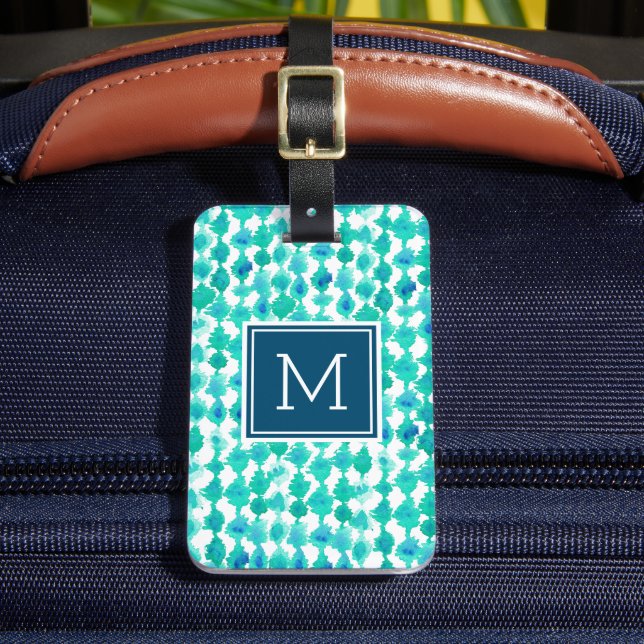 Abstract Blue and Aqua Watercolor Monogrammed Luggage Tag (Front Insitu 2)