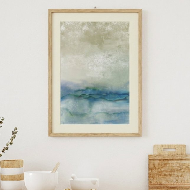 Abstract blue and beige ocean art poster (This abstract ocean art creates a peaceful, coastal vibe in a living room as a housewarming gift.)