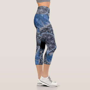 Abstract Blue and Black Intricate Fractal Capri Leggings