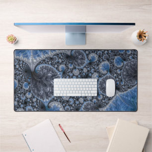 Abstract Blue and Black Intricate Fractal Desk Mat