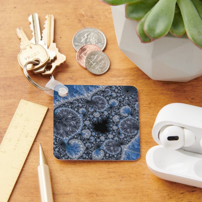 Abstract Blue and Black Intricate Fractal Key Ring (Desk)