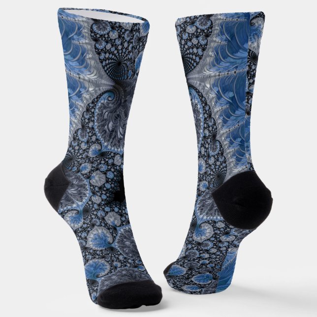 Abstract Blue and Black Intricate Fractal Socks (Angled)