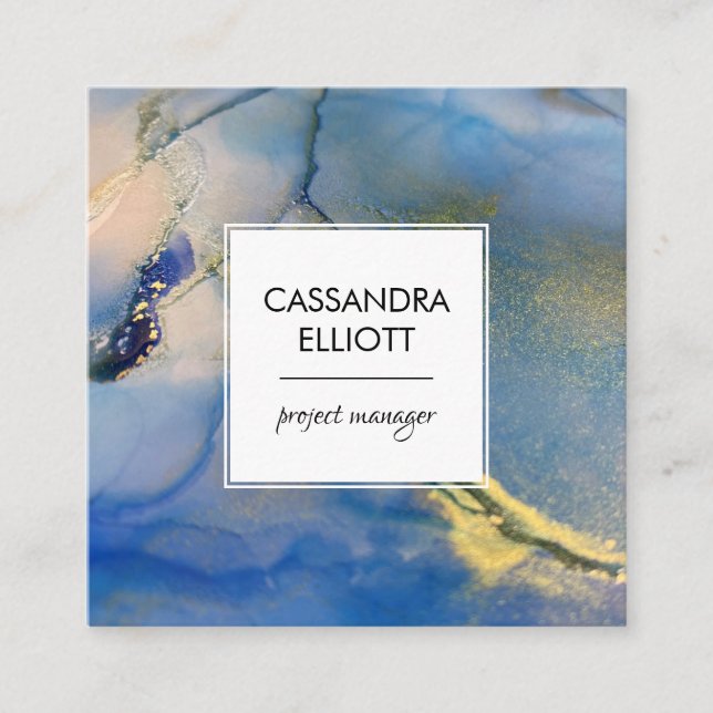 Abstract Blue and Gold Alcohol Ink Liquid Art Square Business Card (Front)