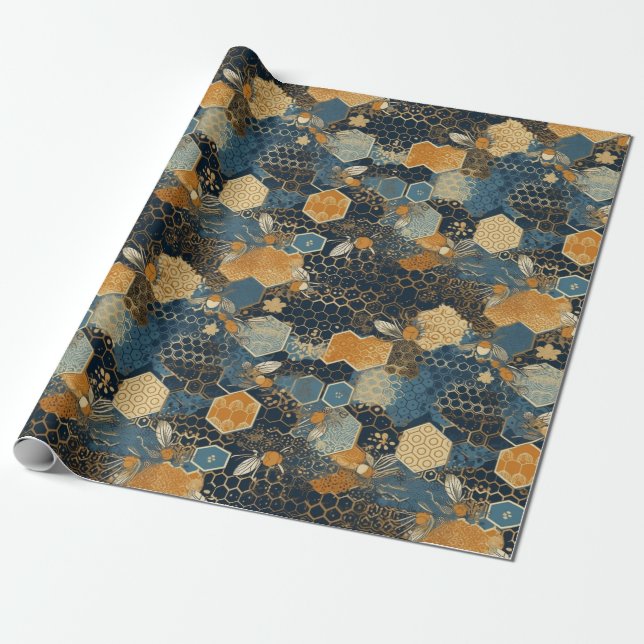 Abstract Blue And Gold Honeycomb Beehive  Wrapping Paper (Unrolled)