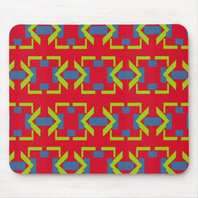 Abstract Blue and Green Arrow Pattern on Red Mouse Mat (Front)