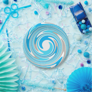 Abstract Blue and Grey Spiral Paper Plate