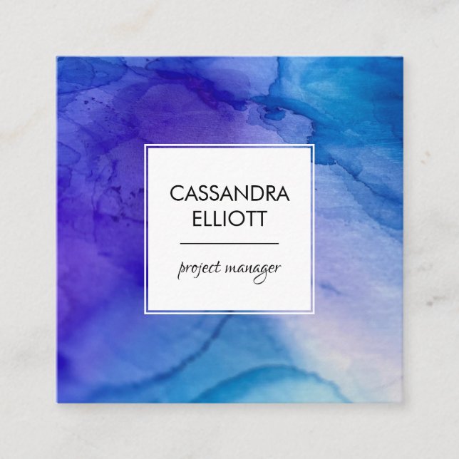 Abstract Blue and Purple Alcohol Ink Liquid Art Square Business Card (Front)