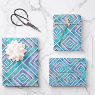 Abstract blue and purple geometric square tiles   wrapping paper sheet