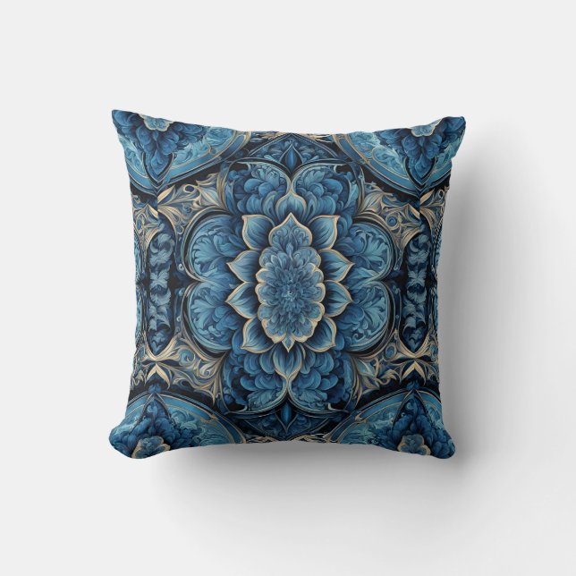 Abstract Blue and Silver Floral Cushion (Front)