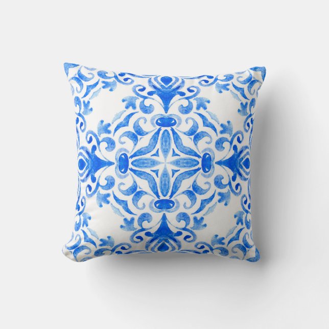 Abstract blue and white hand drawn tile seamless o cushion (Front)