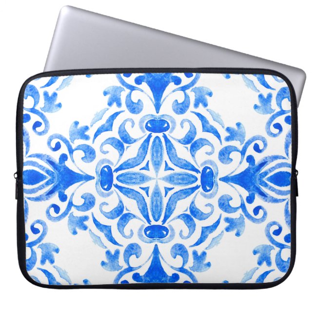 Abstract blue and white hand drawn tile seamless o laptop sleeve (Front)