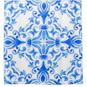 Abstract blue and white hand drawn tile seamless o shower curtain