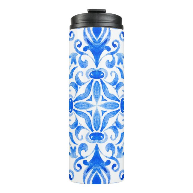 Abstract blue and white hand drawn tile seamless o thermal tumbler (Front)