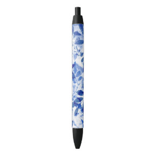 Abstract Blue and White Leaves Black Ink Pen
