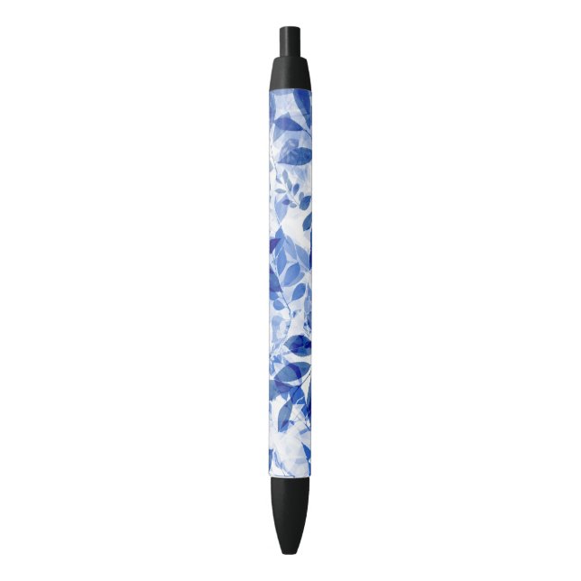 Abstract Blue and White Leaves Black Ink Pen (Front Vertical)