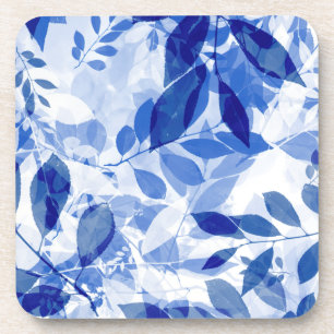 Abstract Blue and White Leaves Coaster