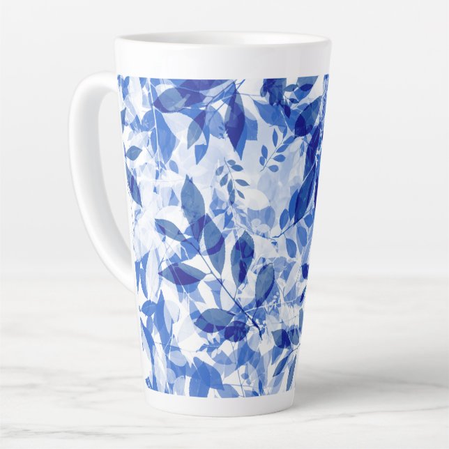 Abstract Blue and White Leaves Latte Mug (Left Angle)