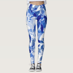 Abstract Blue and White Leaves Leggings