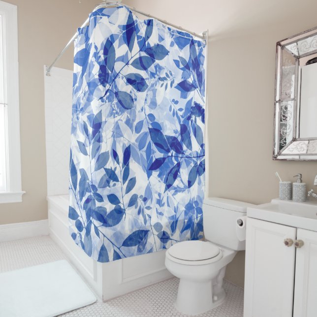 Abstract Blue and White Leaves Shower Curtain (In Situ)