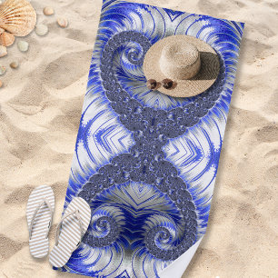 Abstract Blue and White Spiral Fractal Beach Towel
