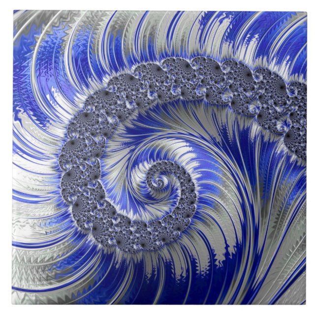 Abstract Blue and White Spiral Fractal Tile (Front)