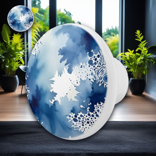 Abstract Blue and White Watercolor Design Ceramic Knob (Creator Uploaded)