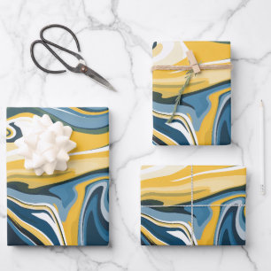 Abstract Blue and Yellow Flowing Pattern Wrapping Paper Sheet