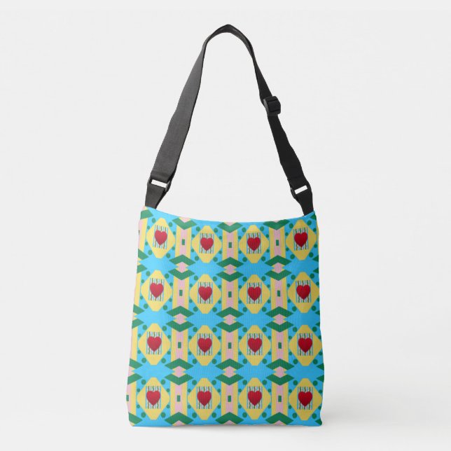 Abstract Blue and Yellow Pattern with Hearts Crossbody Bag (Front)