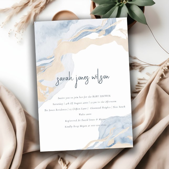 Abstract Blue Beige Coastal Beach Baby Shower Invitation (Creator Uploaded)