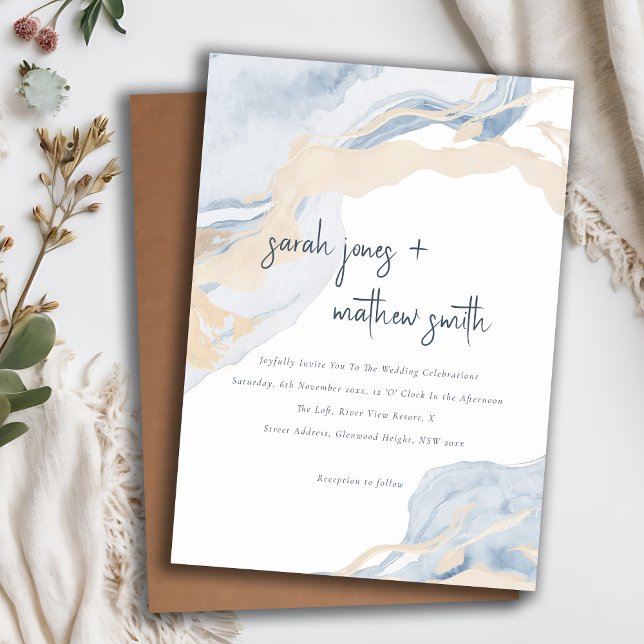 Abstract Blue Beige Sea Waves Sand Beach Wedding Invitation (Creator Uploaded)