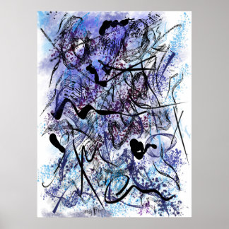 Abstract Blue Black Brushstrokes Splashes Wall Art