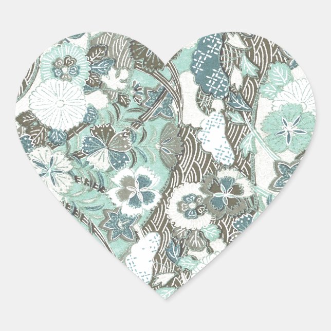 Abstract Blue Brown Flowers Heart Sticker (Front)