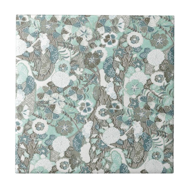 Abstract Blue Brown Flowers Tile (Front)