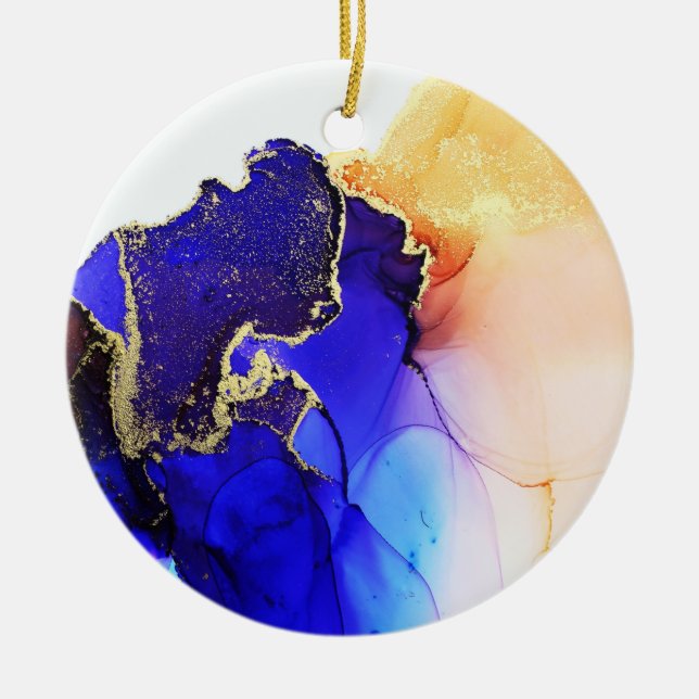 Abstract Blue Citrus Gold  Ceramic Tree Decoration (Front)