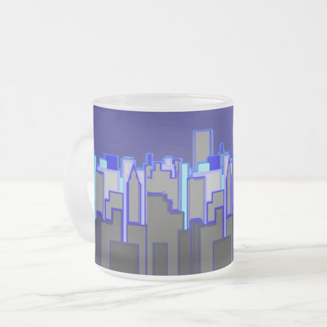 Abstract Blue City Skyline Art Frosted Glass Coffee Mug (Front Left)