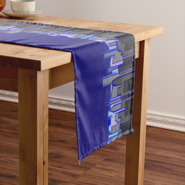 Abstract Blue City Skyline Art Short Table Runner (In Situ)