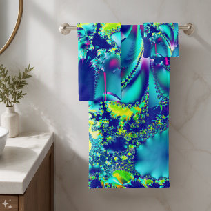 Abstract Blue Cyan Green Fractal Bath Towel Set