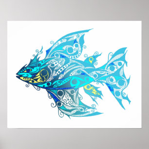 Abstract Blue Fish Tribal Tattoo Poster Print