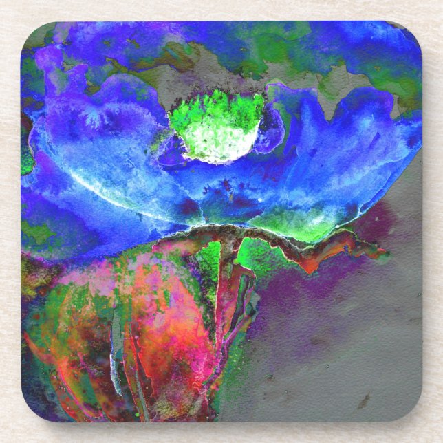 Abstract blue floral blue watercolor poppy coaster (Front)