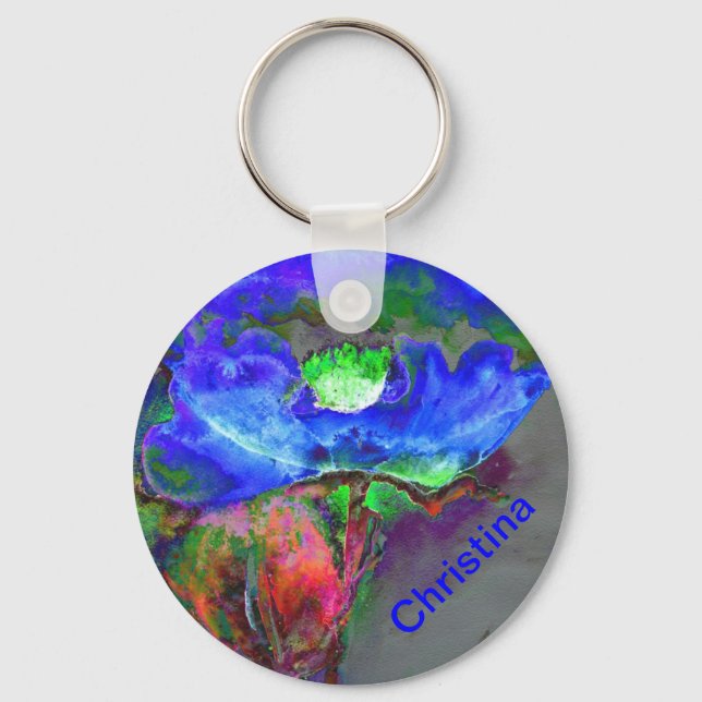 Abstract blue floral blue watercolor poppy key ring (Front)