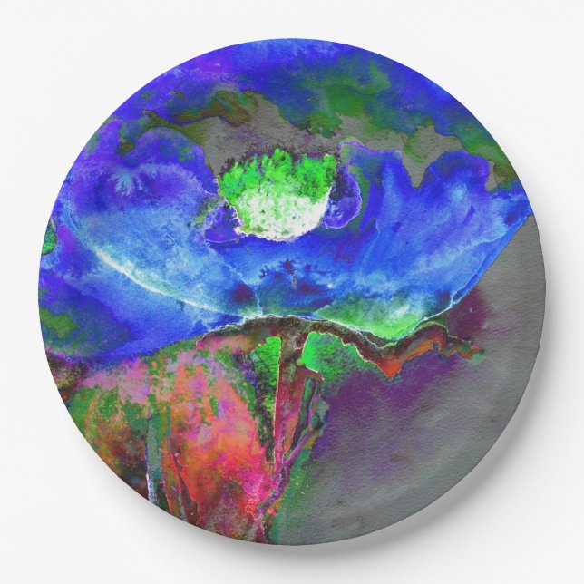 Abstract blue floral blue watercolor poppy paper plate (Front)