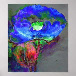 Abstract blue floral blue watercolor poppy poster
