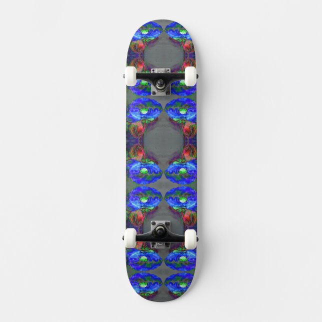 Abstract blue floral blue watercolor poppy skateboard (Front)