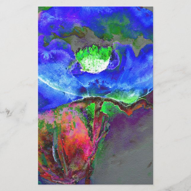 Abstract blue floral blue watercolor poppy stationery (Front)