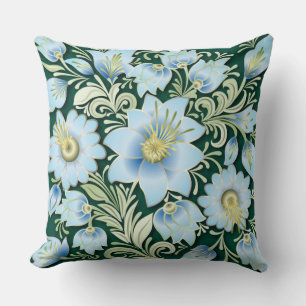 Abstract Blue Floral Ornament on Green Background  Cushion