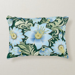 Abstract Blue Floral Ornament on Green Background Decorative Cushion