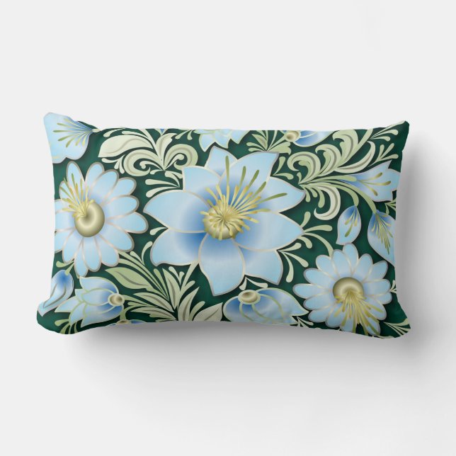 Abstract Blue Floral Ornament on Green Background Lumbar Cushion (Front)