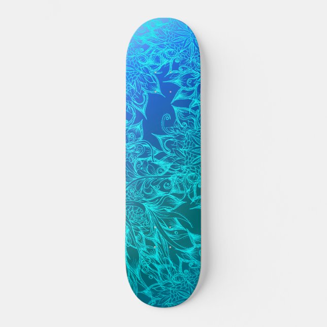 Abstract Blue Floral Pattern Skateboard (Front)
