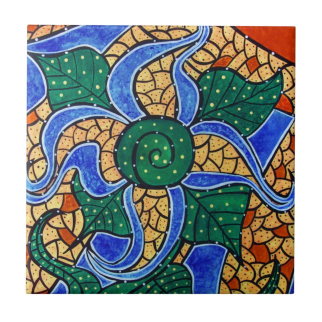 Abstract Blue Flower Ceramic Art Tile (Front)